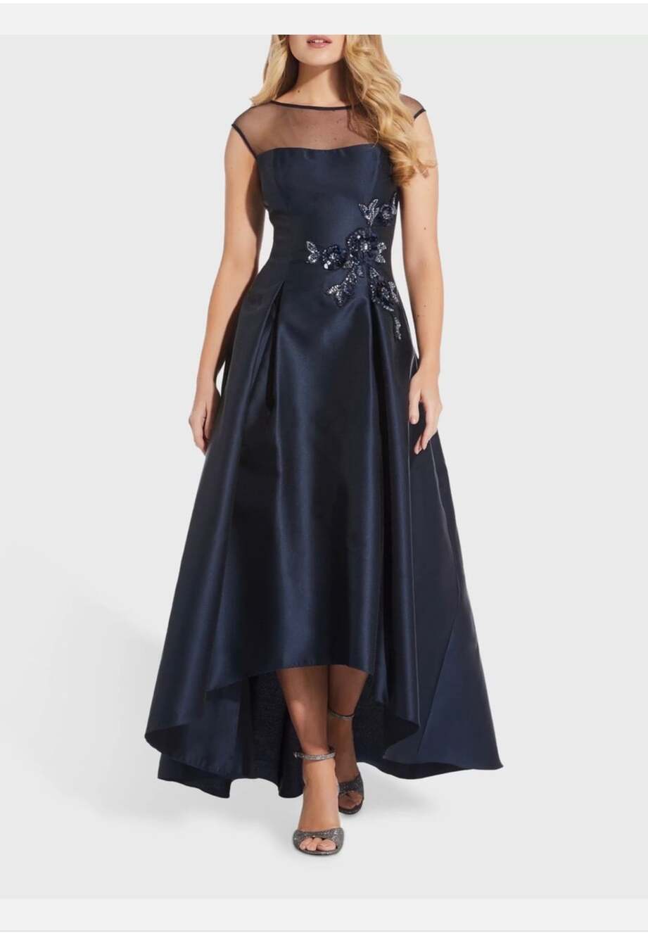 Adrianna Papell Navy Mikado Illusion High Low Evening Gown- Sequin Floral Appliq